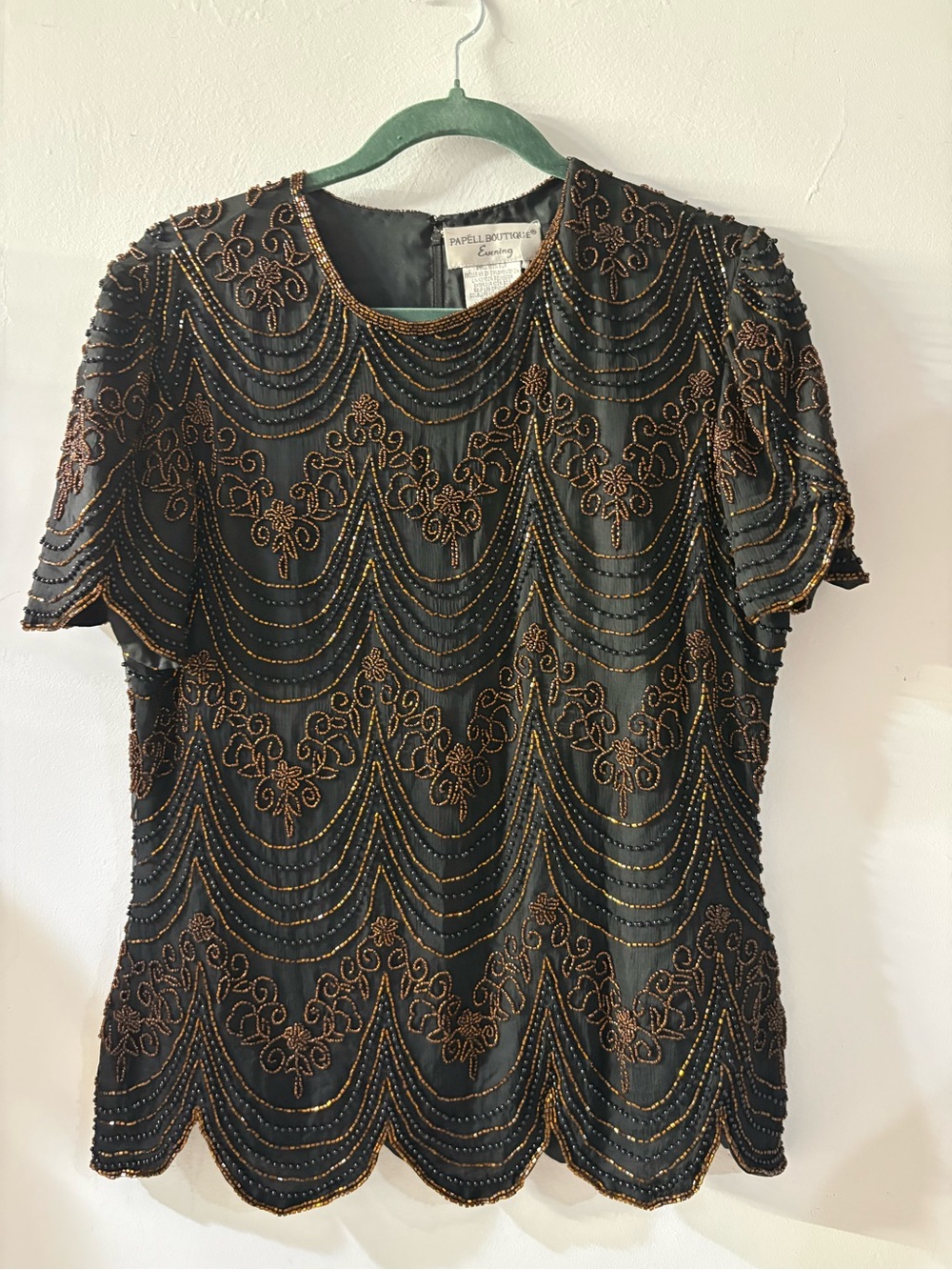 Papell Boutique Black Top with Gold Beaded Embroidery Size Medium